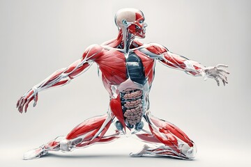 stylized 3D human anatomy diagram, muscles semi-transparent to reveal internal organ systems
