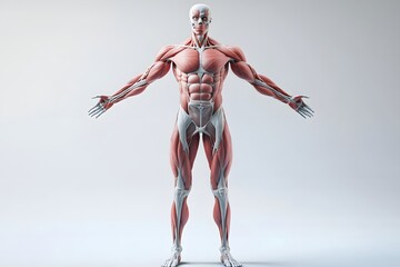 stylized 3D human anatomy diagram, muscles semi-transparent to reveal internal organ systems

