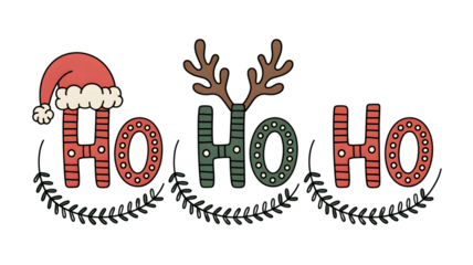 Joyful Ho Ho Ho with Santa hat and reindeer antlers, isolated on white background.