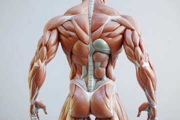 stylized 3D human anatomy diagram, muscles semi-transparent to reveal internal organ systems
