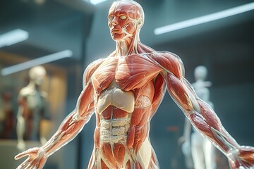 stylized 3D human anatomy diagram, muscles semi-transparent to reveal internal organ systems

