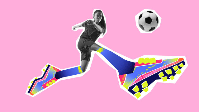 Creative digital artwork. Soccer player striking ball in action with vibrant cleats on pink background. Concept of ads design, sport communication, female strength, youth movement, athletic training.