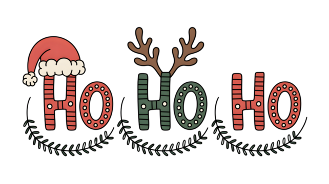 Joyful Ho Ho Ho with Santa hat and reindeer antlers, isolated on white background. - Powered by Adobe