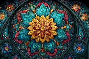 Intricate and vibrant stained glass window depicting a radiant golden flower surrounded by swirling teal and magenta floral motifs evoking a sense of sacred artistry and spiritual beauty