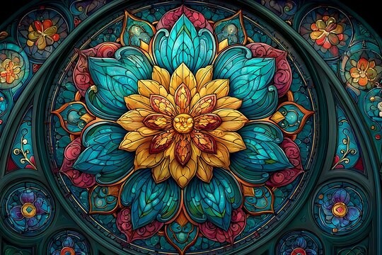Intricate and vibrant stained glass window depicting a radiant golden flower surrounded by swirling teal and magenta floral motifs evoking a sense of sacred artistry and spiritual beauty