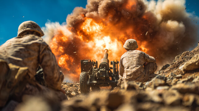 Soldiers operating artillery during a military explosion on a battlefield