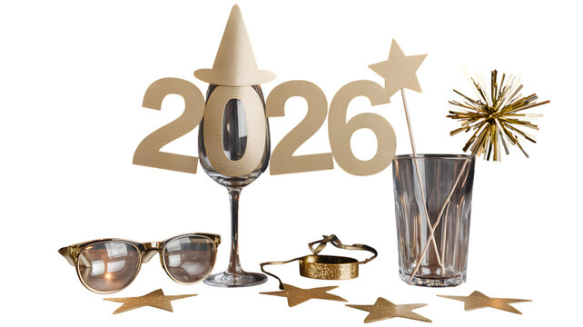 New Year 2026 with festive gold party decor, isolated on white background.