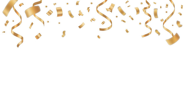 Golden confetti celebration streamers falling for festive party, isolated on white background.