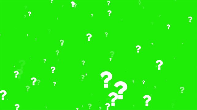 Floating question marks animation on green screen background, confusion and curiosity concept, chroma key thinking motion graphic