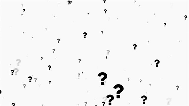 Floating question marks animation on white background, confusion and curiosity concept, minimal thinking motion graphic design