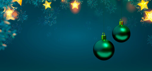 3d rendering christmas holiday background with hanging green baubles and stars