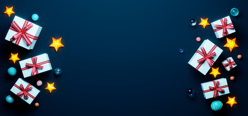 3d rendering christmas gifts and glowing stars on dark background