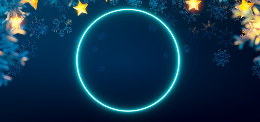 3d rendering glowing neon circle with festive snowflakes and stars