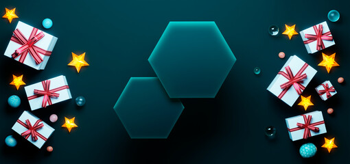 3d rendering christmas holiday gifts and stars with glowing pedestals