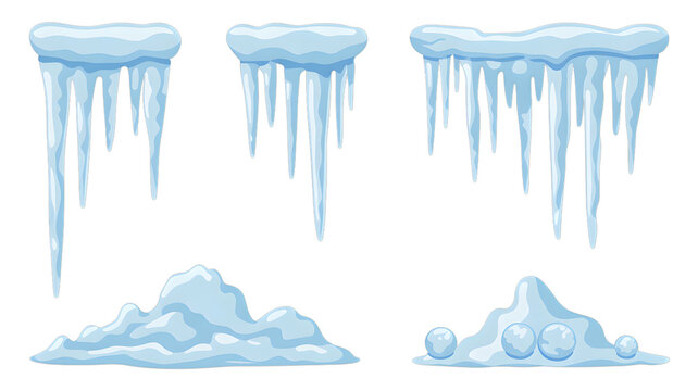 Winter elements with icicles and snow drifts, isolated on white background.