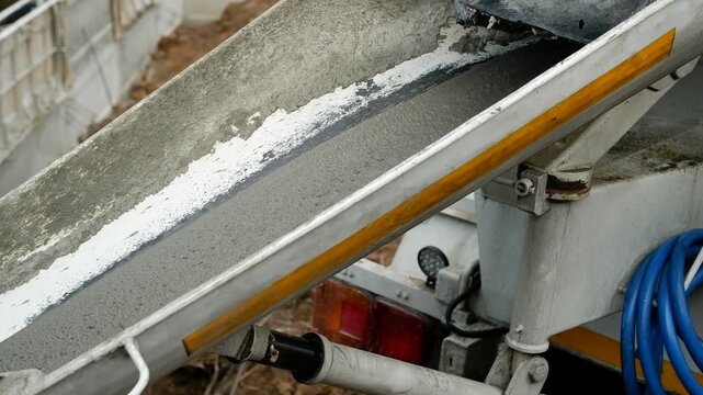 A dynamic, close-up shot captures the process of pouring fresh, wet concrete into a makeshift formwork channel on a construction site. The thick, viscous mixture is rapidly flowing, creating a motion 