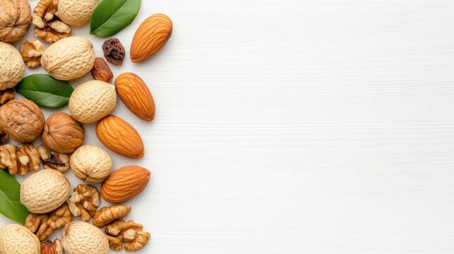 A colorful assortment of dried fruits and nuts arranged on a white wooden table inviting healthy snacking opportunities