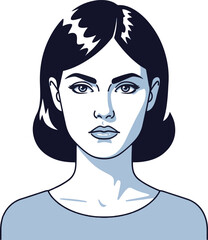 A minimalist vector illustration of a woman with short, dark hair, featuring a clean, stylized aesthetic.