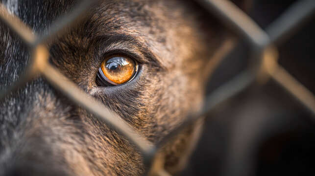 Dog with amber eyes looking through metal chain link fence in soft focus, conveying emotion and captivity in an animal shelter environment