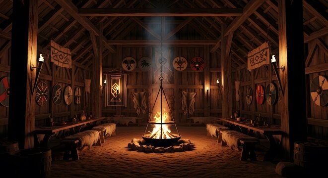 Viking Longhouse Interior &mdash; Ancient Nordic Wooden Hall with Fire Pit and Benches