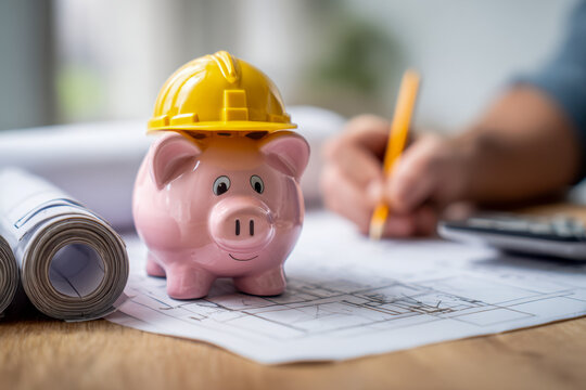 Pink piggy bank wearing a yellow construction helmet positioned on architectural blueprints with person sketching plans in background at workspace