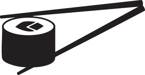 Black silhouette of a sushi roll held by chopsticks isolated on white background