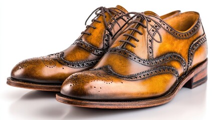 Elegant brown leather brogue shoes with intricate detailing rest on a white surface.
