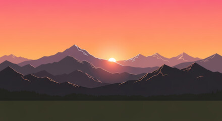Mountain range illustration at dusk with pink and purple tones. Ideal for nature, peace, and outdoor scenes.