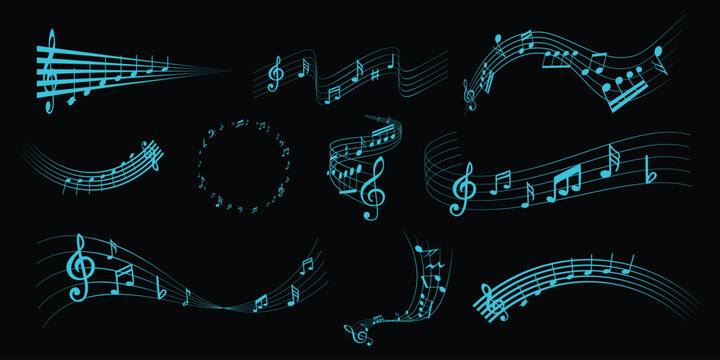 Collection of Blue Musical Notes and Staffs on Black Background