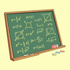 Fototapeta premium Educational blackboard with complex mathematical equations, geometric figures, and colorful chalks, illustrating geometry and algebra lessons