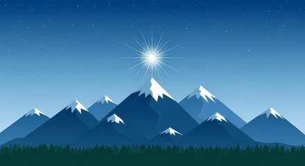 Vector illustration of a mountain peak under a starry night sky with glowing star. Perfect for adventure and exploration designs.