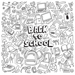 Back to school doodle. Line art illustration of school supplies and elements