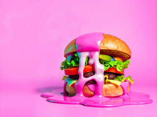Surreal Hamburger Dripping Bright Pink Icing on a Monochrome Pink Background