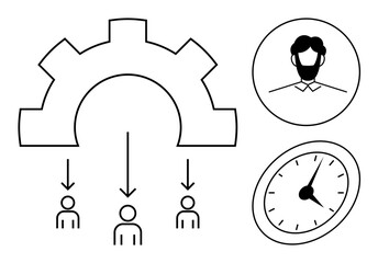 Gear symbol transferring tasks to team members, profile icon of leader, and clock for time management. Ideal for teamwork, workflow, leadership, planning, management, organization simple flat