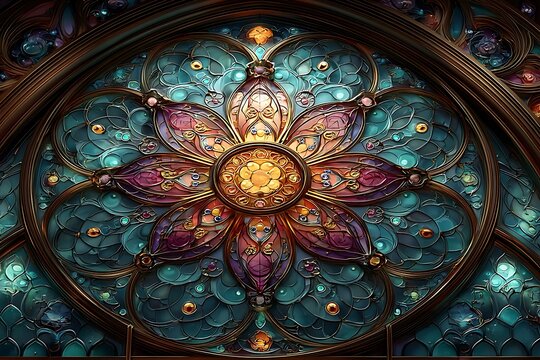 Intricate and luminous stained glass window design featuring a central golden floral motif against a vibrant teal and purple background