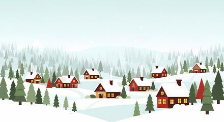 Peaceful snowy field with houses and trees in the distance. Great for winter and holiday illustrations.