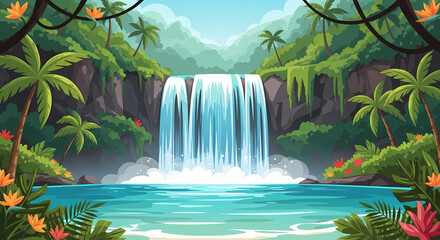 Vector illustration of a waterfall surrounded by tropical plants and rocks. Great for nature, relaxation, and eco design themes.