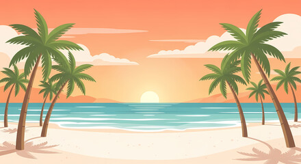 Vector illustration of a tropical beach with palm trees and calm waves under a warm sunset sky. Perfect for summer, vacation, and travel themes.