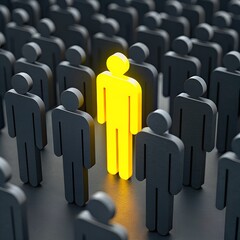 A conceptual 3D illustration showing a glowing yellow human figure standing out among a crowd of identical dark gray figures. The bright yellow color symbolizes individuality, leadership, confidence.