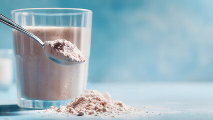 A glass of creamy protein shake while adding a scoop of powder.