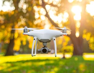Modern white drone in flight with a bokeh background of trees and sunlight