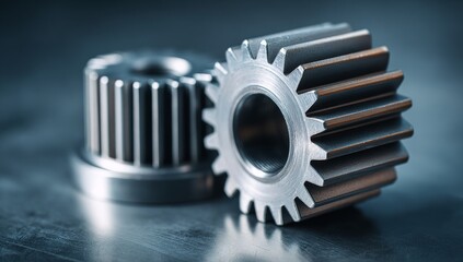 The complexity of industrial equipment mechanisms is emphasized through a detailed close-up of a metallic gear, set against the backdrop of a workshop that highlights the value of precision