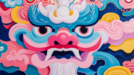 Vibrant, layered graphic illustration of stylized mythical creature's face, featuring bold blue and pink hues with intricate patterns and swirling clouds, evoking modern East Asian artistic aesthetic