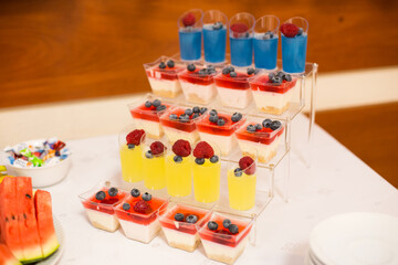 Dessert buffet or candy bar during catering event, fruits and whipped cream