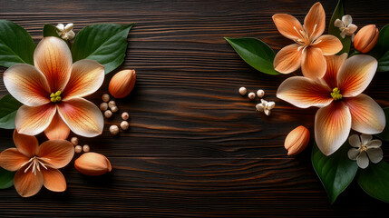 Fototapeta premium Elegant flat lay composition featuring radiant orange-peach flowers, fresh green foliage, and delicate white buds on rich textured wooden planks