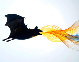 silhouette of a bat emitting sonar waves from its mouth, minimal design, white background