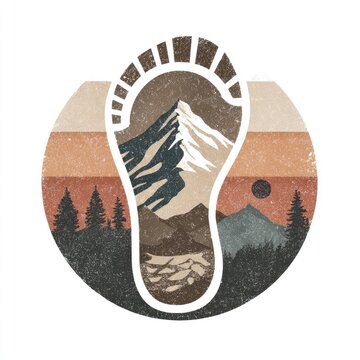 Hiking Logo featuring a mountain peak inside a boot print outdoor adventure theme earthy tones bold lines isolated on white background