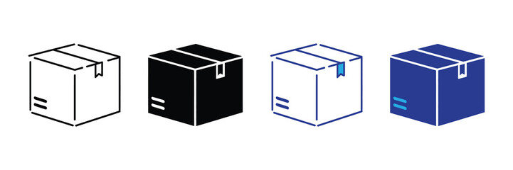 Four different isometric icons of a cardboard box, including outline, solid black, white with blue accent, and solid blue, isolated on white background