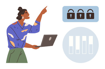 Woman holding a laptop and confidently pointing at digital security locks above data charts. Ideal for security, technology, analytics, education, innovation, management, communication. Simple flat