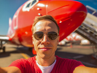 Young man wearing sunglasses taking a selfie with a large red airplane parked on the runway under clear blue skies during daytime travel adventure